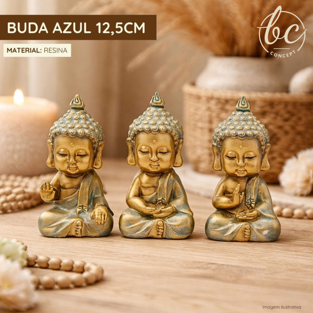 Imagem Buda Decorativo Azul Dourado Resina 12,5cm Zen Estátua Sala Quarto Ambientes Calmo