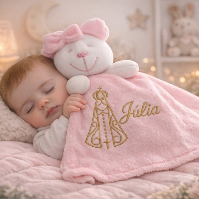 Naninha de Bebê Personalizada com Nome, Ursinho e Nossa Senhora