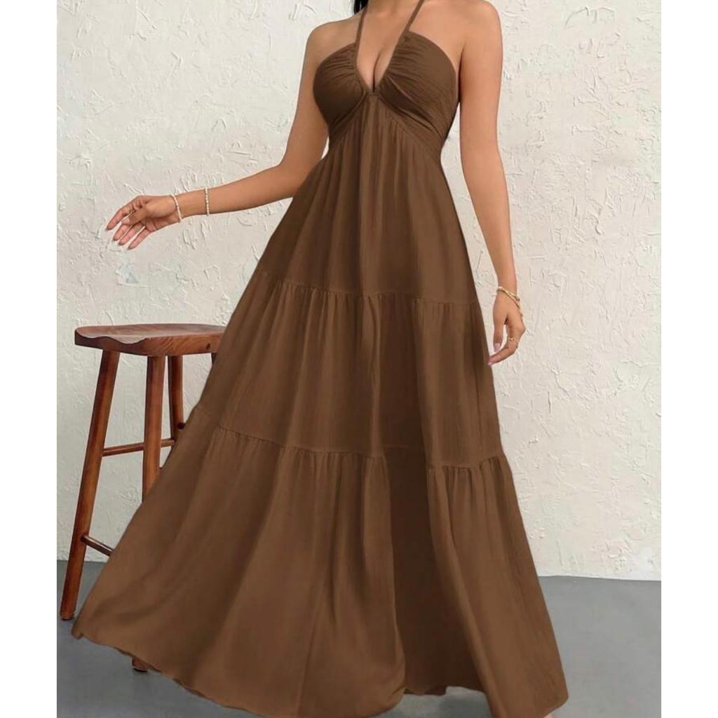Vestdo feminino longo costa nua chiffon