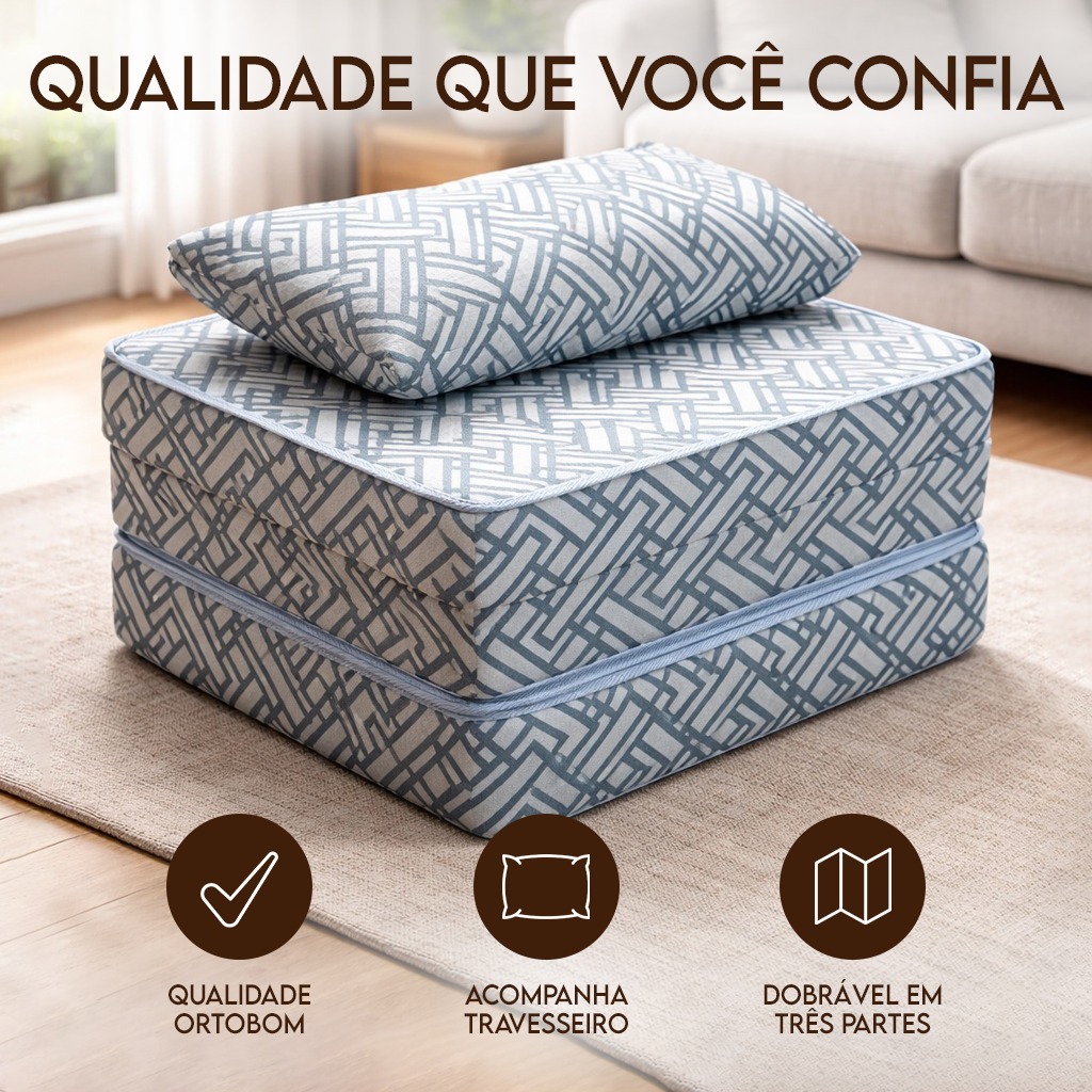 Colchao Ortobom Puff Multiuso 3 Em 1 Colchão Visita + Travesseiro Solteiro Vira Cama Ortobom