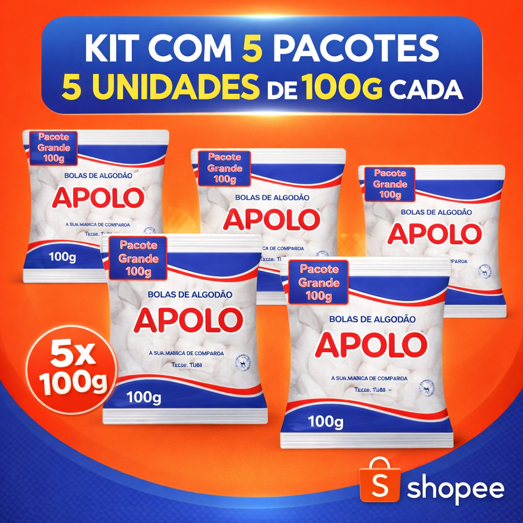 Bolas de Algodão Apolo 100g Kit com 5 Pacotes - 100% Puro Ideal para Limpeza de Pele em Oferta na Shopee