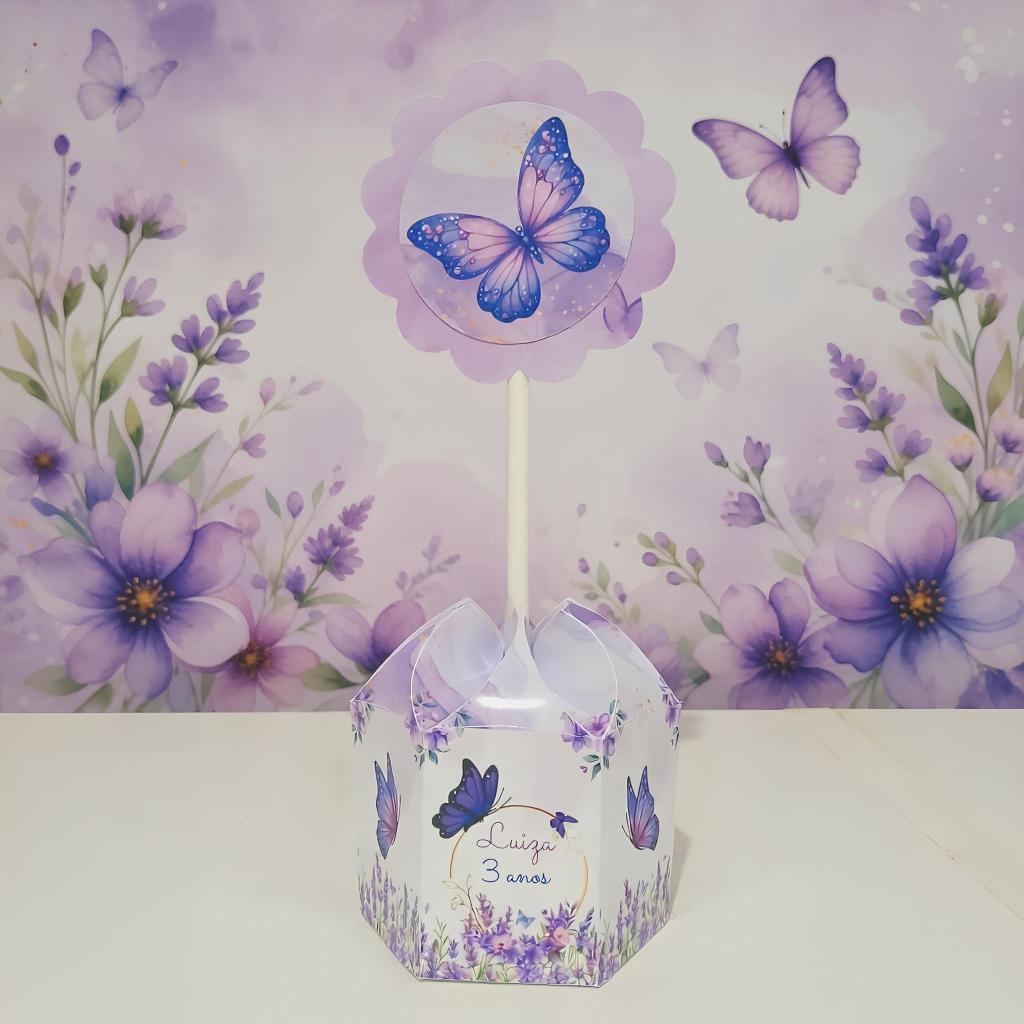 Pegue e Monte / Centro de Mesa Personalizado P - Borboleta Lilás - Caixa Sextavada Festa Aniversário infantil