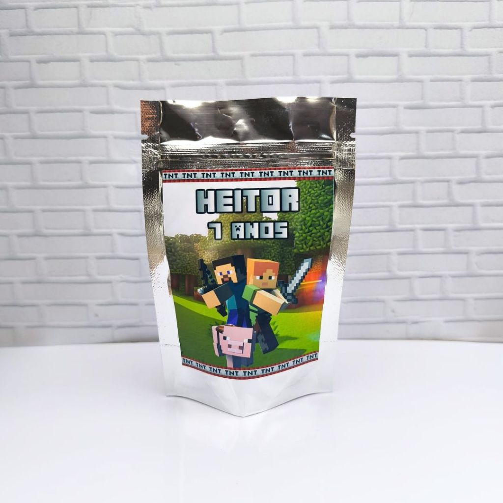Saquinho Metalizado Minecraft Personalizado - Lembrancinha de Festa - Aniversário
