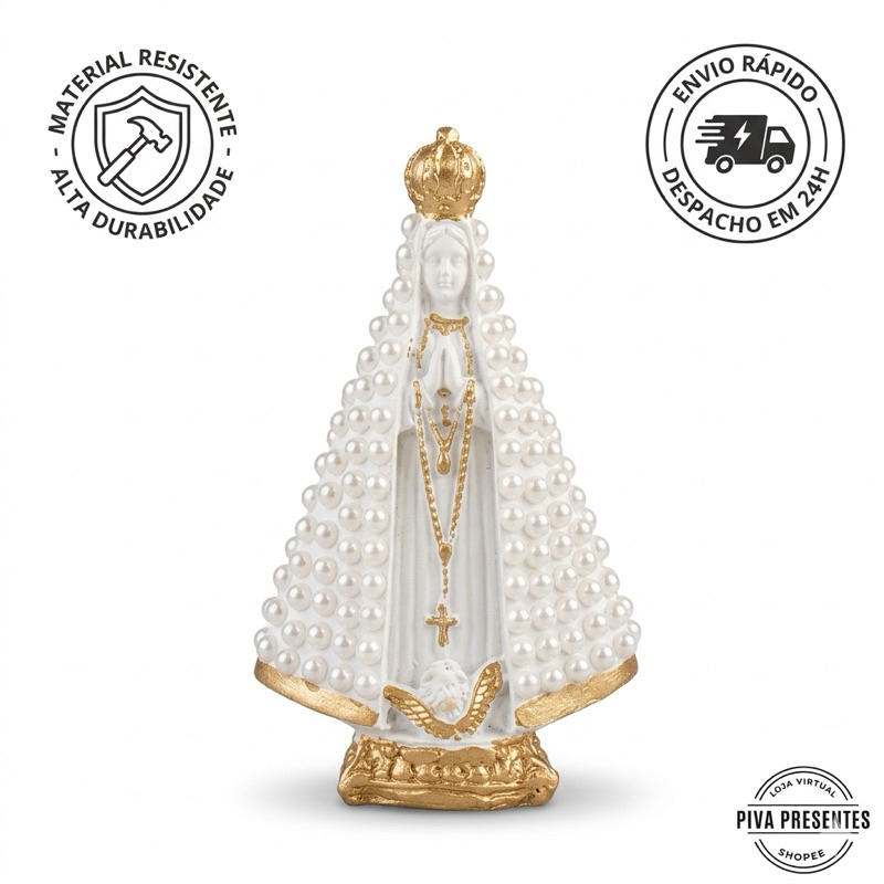 Imagem de Nossa Senhora Aparecida Pérolas Brancas e Dourado Coroa e Terço 15cm - Peça de Altar e Decoração Religiosa