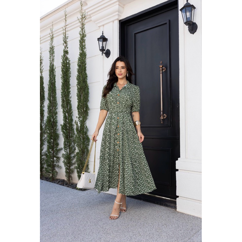Vestido Feminino chamise midi botões luxo elegante primavera verão Viscolinho