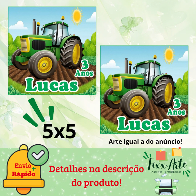 Detalhes do TRATOR VERDE - 100/60/40 Adesivos Personalizados para Festas ( Envia Rápido)