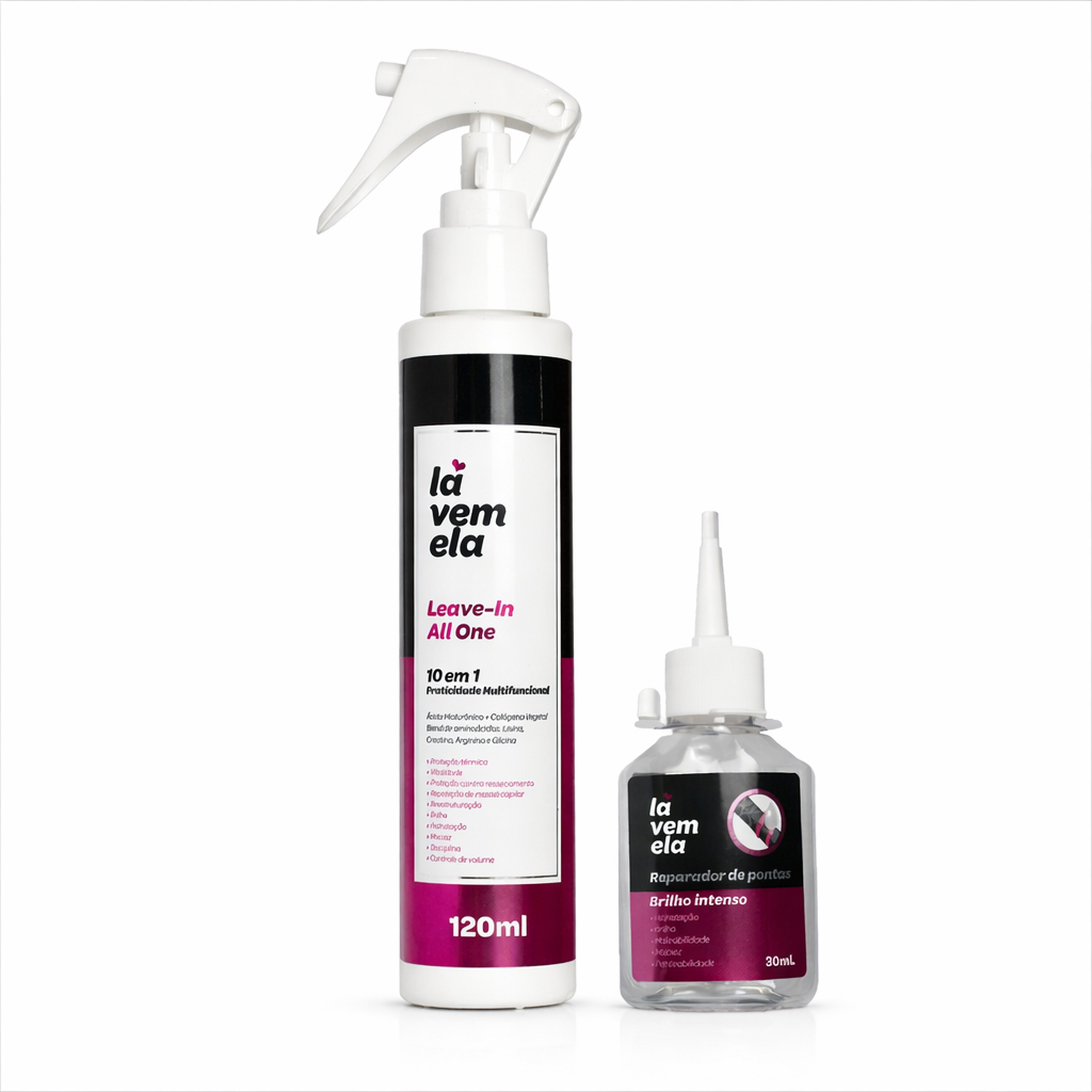 Kit Capilar Lá vem Ela - Leaven-In 120 ml Protetor Térmico 10 em 1 + Reparador de pontas 30ml em Oferta na Shopee