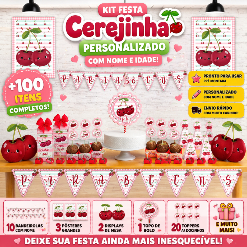 KIT FESTA CEREJINHA CEREJA PERSONALIZADO SÓ UM BOLINHO MÊSVERSÁRIO ANIVERSÁRIO + 100 + 50 + 30  ITENS LEMBRANCINHA