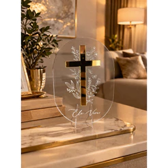 Placa Decorativa Cristã em Acrílico com Cruz Dourada “Ele Vive” – Decoração Religiosa Elegante