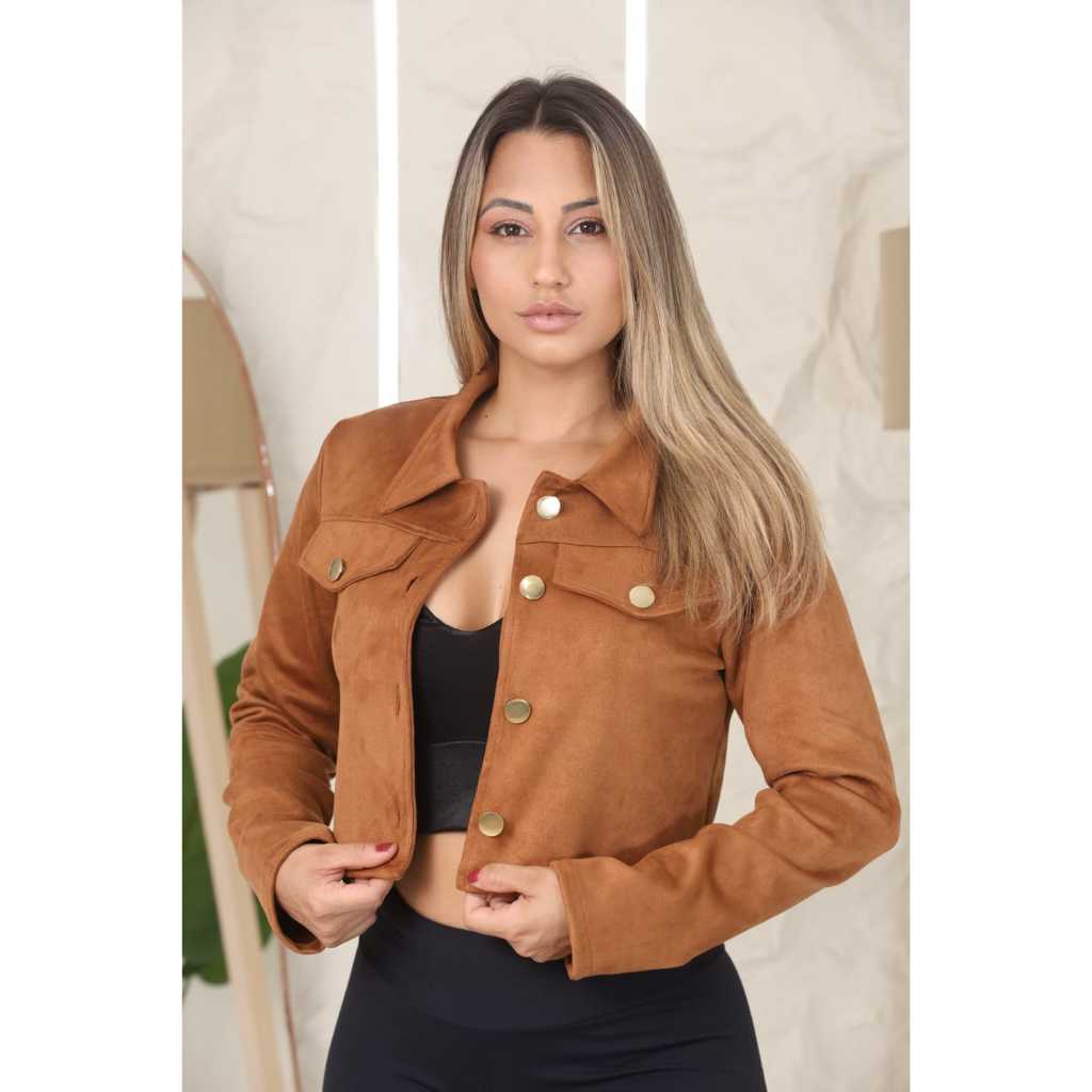 ⚘️💄Jaqueta Suede Cropped Femenina 🫦Moda versátil com botões dourados 👜🛍