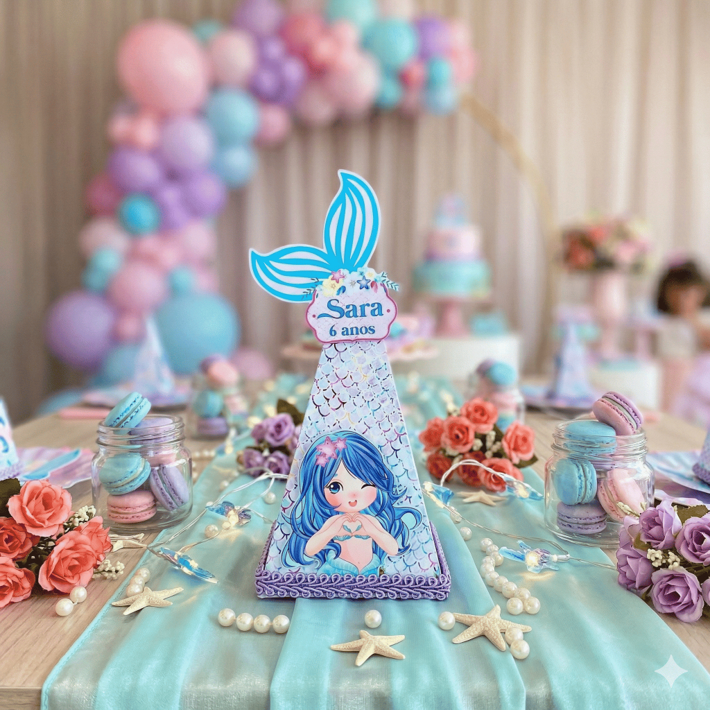 Lembrancinha Pirâmide Cone Sereia Fundo do Mar Personalizada Baby Cute Infantil Caixinha Aniversário