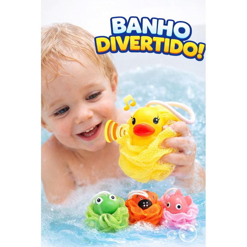 Esponja Bucha De Banho Infantil Bichinhos E Som Para Crianças Kids Com Alça — imagem 2 de 2