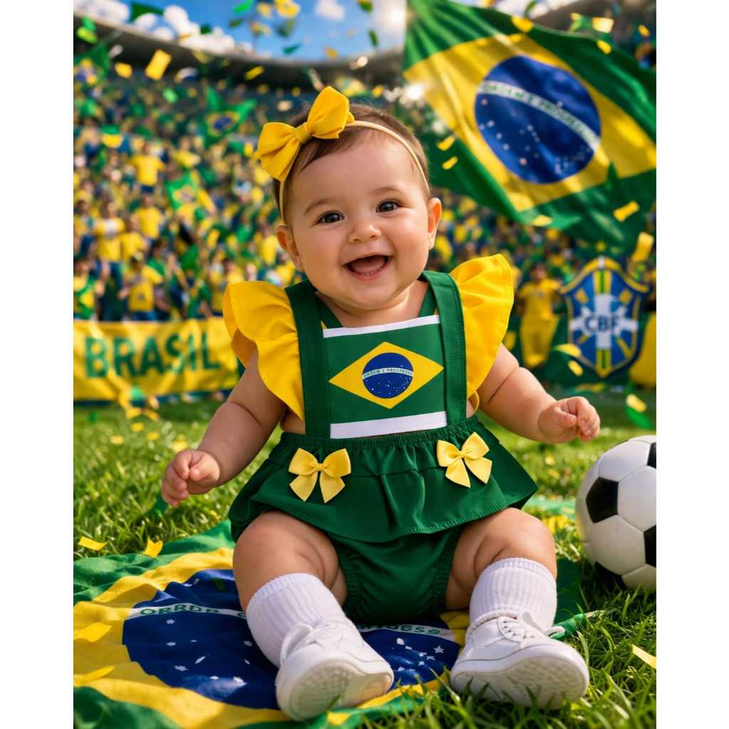Romper Bebê Vestido RN Brasil Copa Tactel 0 a 3 Meses Menina Roupa Infantil Body Vestido Bebê Com Calcinha Mesversario