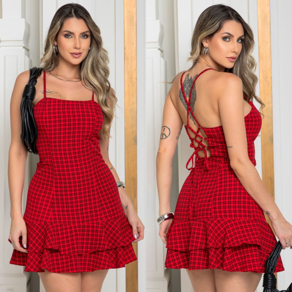 Vestido Curto Xadrez feminino soltinho dois babado alça ajustável feminino moda elegante lançamento
