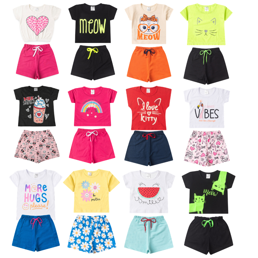 Kit 6 Peças Roupas Infantil Menina Sortido Verão - 3 Camisetas + 3 Shorts - Criança Feminina