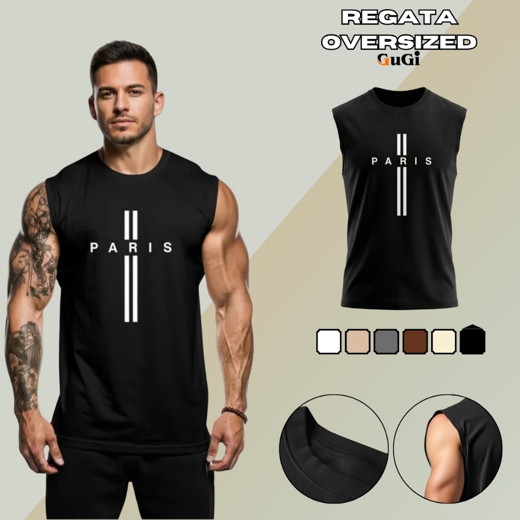 Regata Machão Masculina Muscle GuGi Estampa Paris França Algodão Camiseta Cavada Estampada Fitness