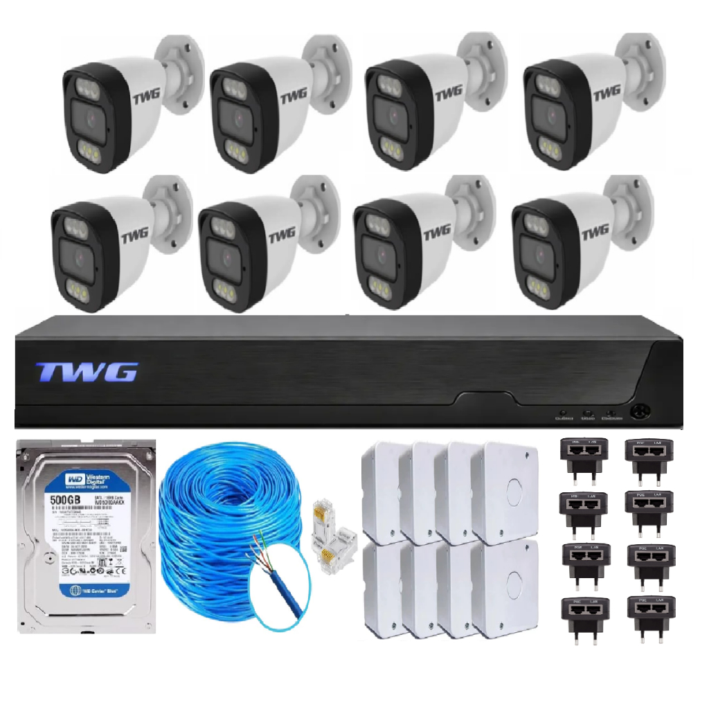 Kit 8 cameras IPs Full Color áudio e Nvr de 16 Canais Twg Completo