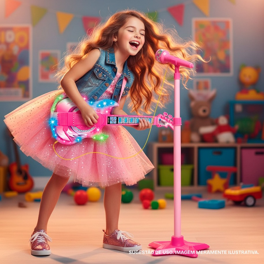 Guitarra Infantil Luzes Com Microfone Pedestal Mp3 Smartphone Rosa Azul