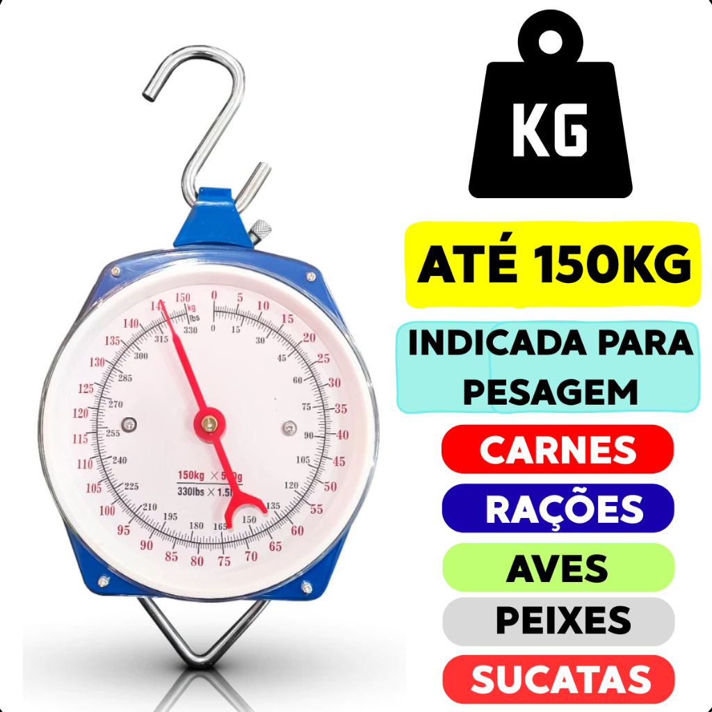 Balança Suspensa com Gancho 150 Kg Manual tipo Relógio Pesca Carne Carga Analogica com Ponteiro