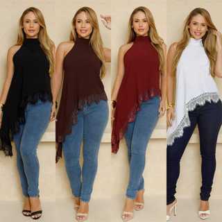 Regata  Feminina Gola Alta Assimétrica Frente Única Com Renda Bata Elegante Tendência Inverno