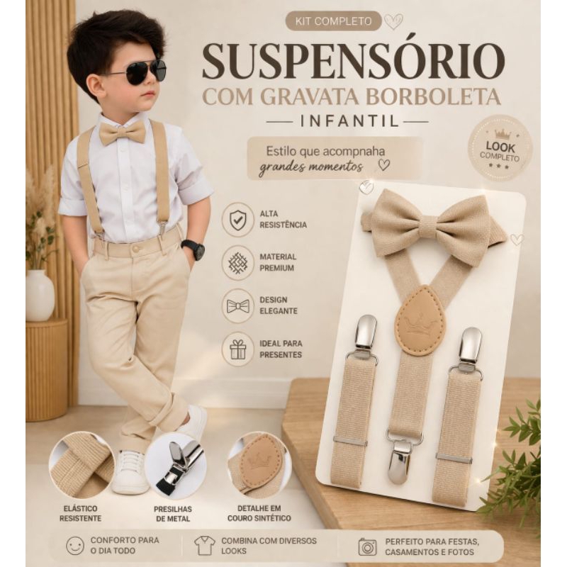 Kit Suspensorio com Gravata Borboleta Creme Bege e Preto Infantil