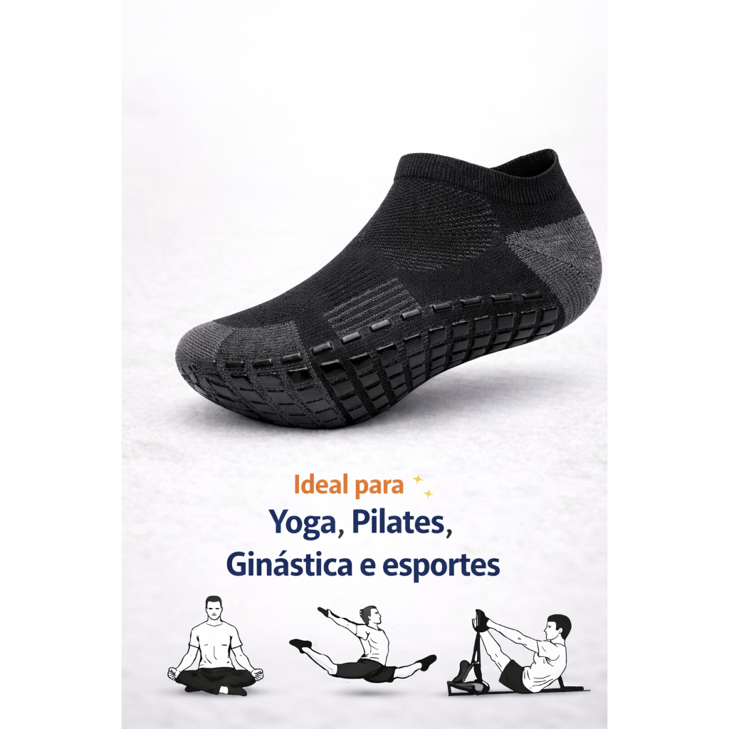 Meia Antiderrapante Masculina Kit 3 Pares Grip Academia Pilates Yoga Cano Curto Respirável Tam 35 ao 41 — imagem 2 de 2