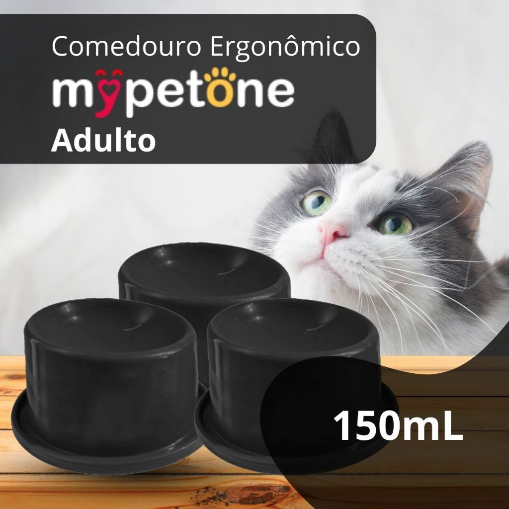 3 Comedouro Cão e Gato Ergonômico Alto 150ml Mypetone Preto Adulto/Filhotes