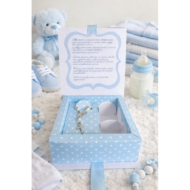 Caixa convite  padrinhos de batismo personalizado  com mini Terço,1 unidade