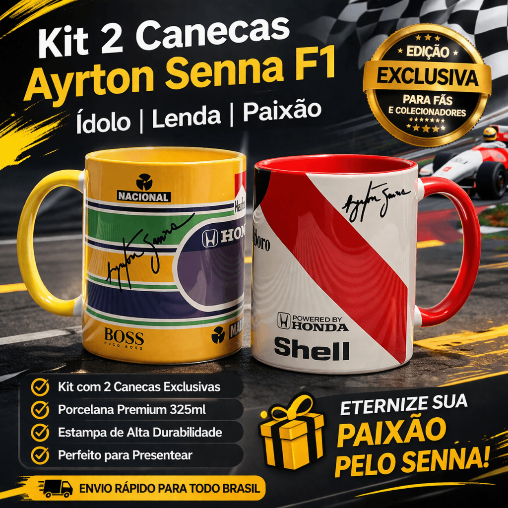 Kit 2 Canecas Ayrton Senna F1 Ídolo Lenda 325ml Porcelana Presente Fã