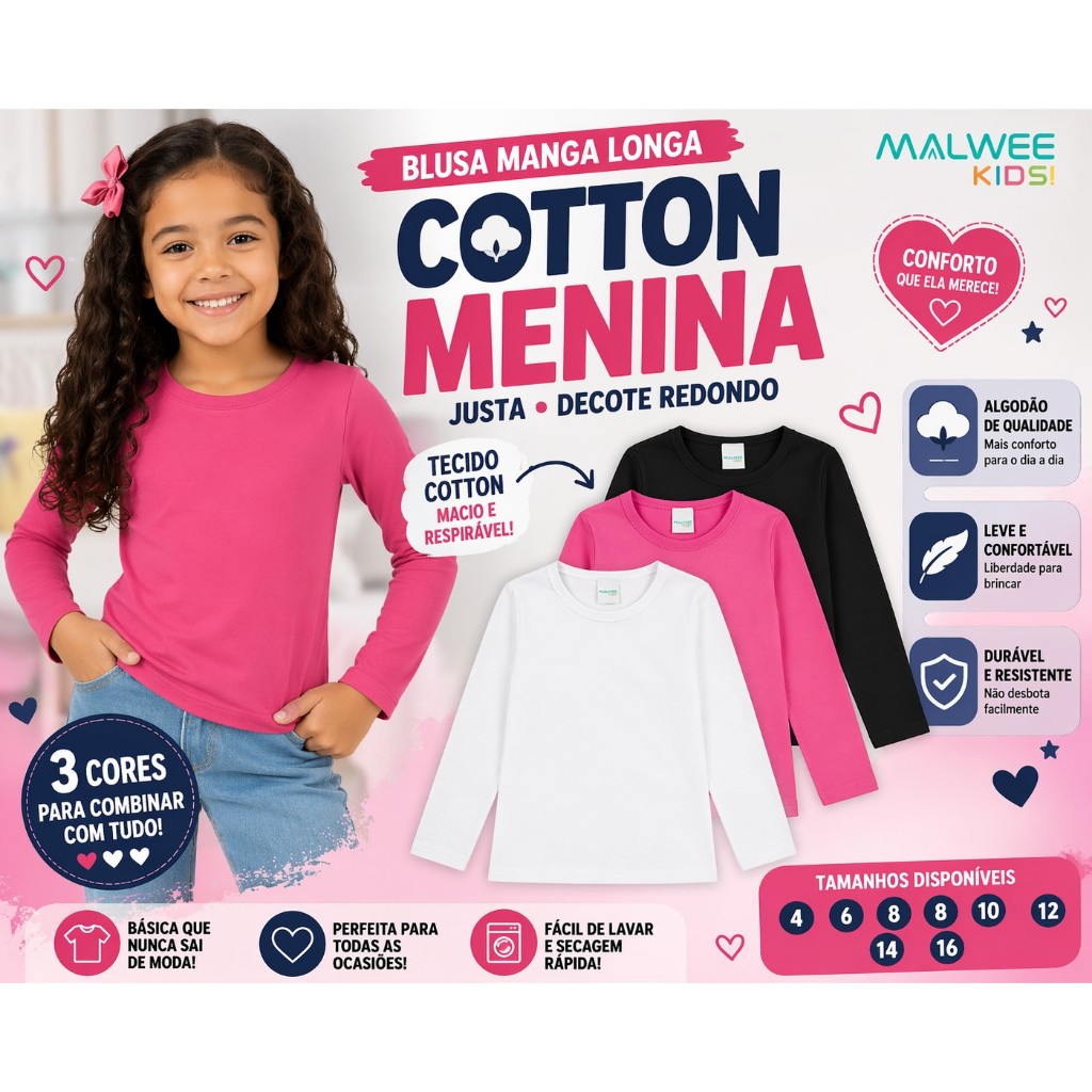 BLUSA MANGA LONGA MALWEE MENINA INFANTIL JUSTA DECOTE LISA UNIFORME MALWEE KIDS