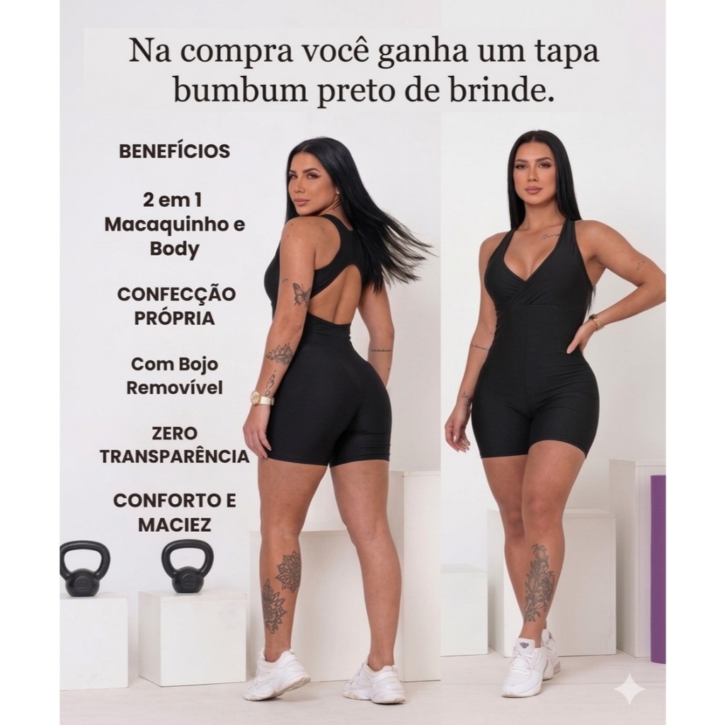 Macaquinho que vira Body 2 em 1, Macacão,  Fitness Academia, (Com Bojo Removível), Zero Transparência, Modela