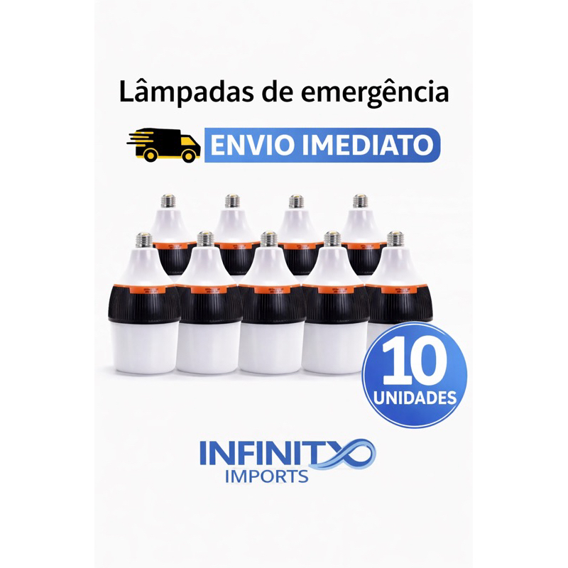 Kit 10 Lâmpada de Emergência LED 50W Recarregável — Até 6h Ligada Após Falta de Energia| Bivolt 110/220V