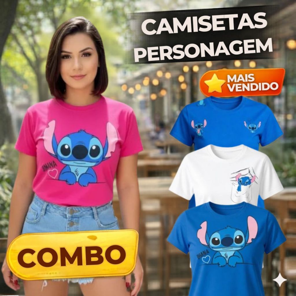 Camiseta Feminina Algodão Premium Personagem Lilo Stitch e Meninas Super Poderosas