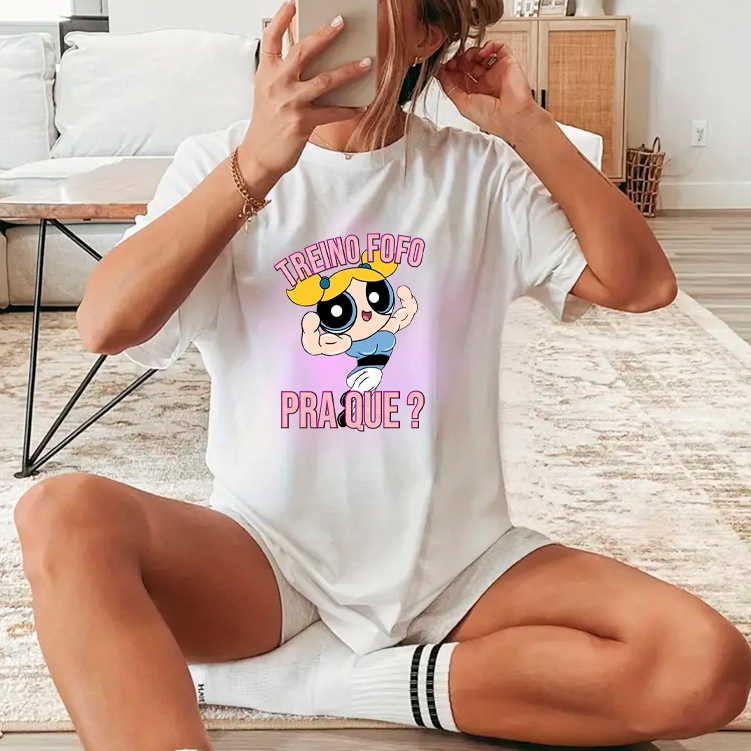 Camiseta Oversized Premium Treino Fofo Pra Que? Blusão 100% Algodão Feminina Lindinha Academia