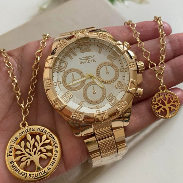Conjunto Relógio + Cordão e Pulseira Elo Português Banhado A Ouro 18k