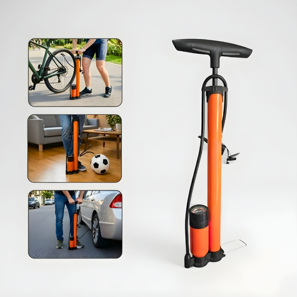 Bomba de Ar Manual Portátil c/ Manômetro – Alta Pressão, Bicicleta, Bola, Pneus de Carro