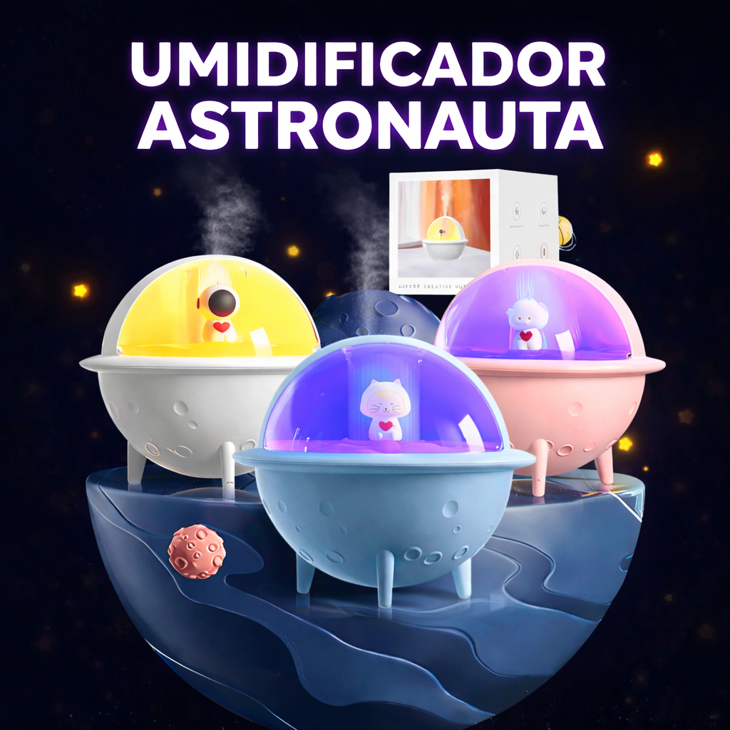 Umidificador Planetário 200ml LED Colorido + Luminária Astronauta Decorativa Relaxante USB