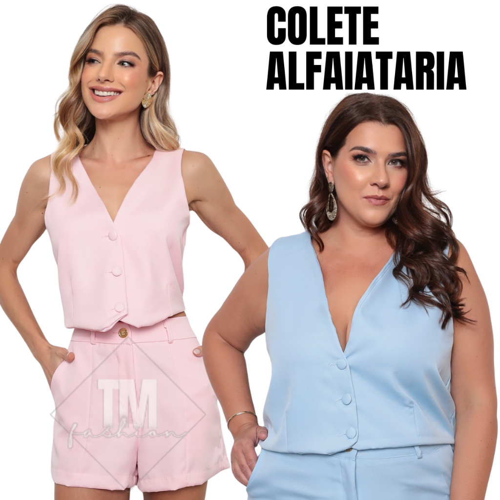 Colete Feminino Alfaiataria Gola V 3 Botões Tecido Duplo Social