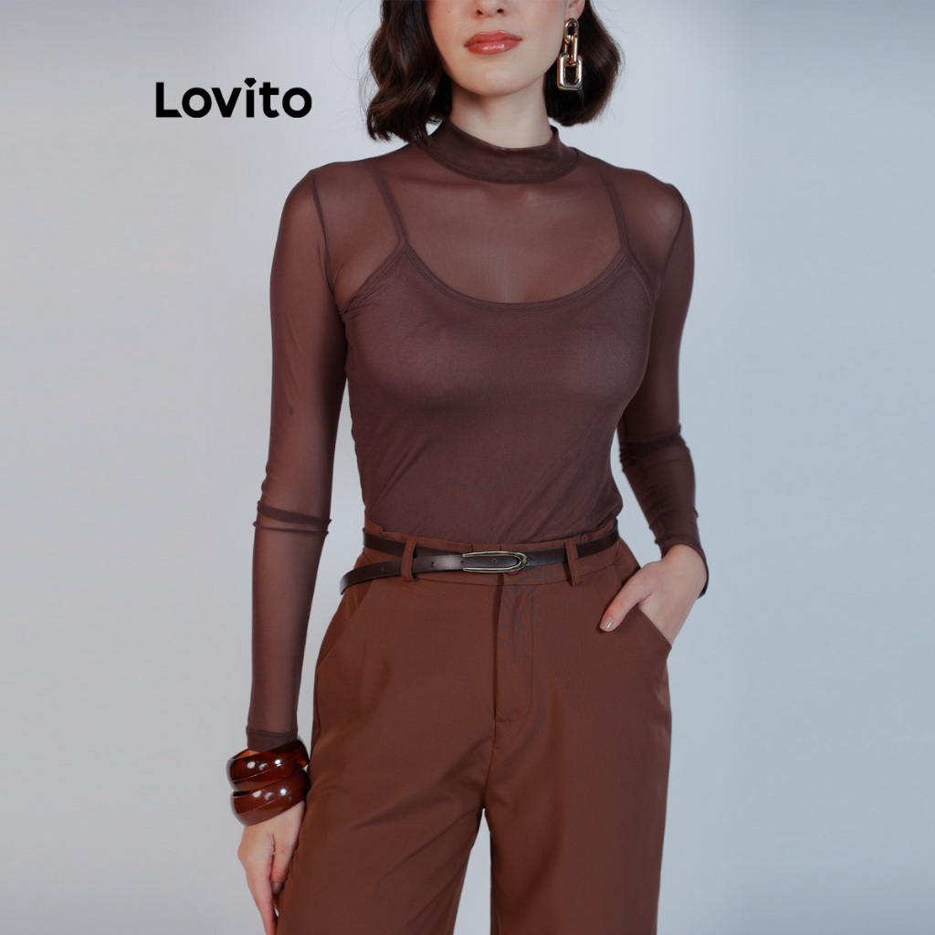 Lovito Blusa Casual Feminina de Tule Manga Longa Moda Mulher BLB16921722