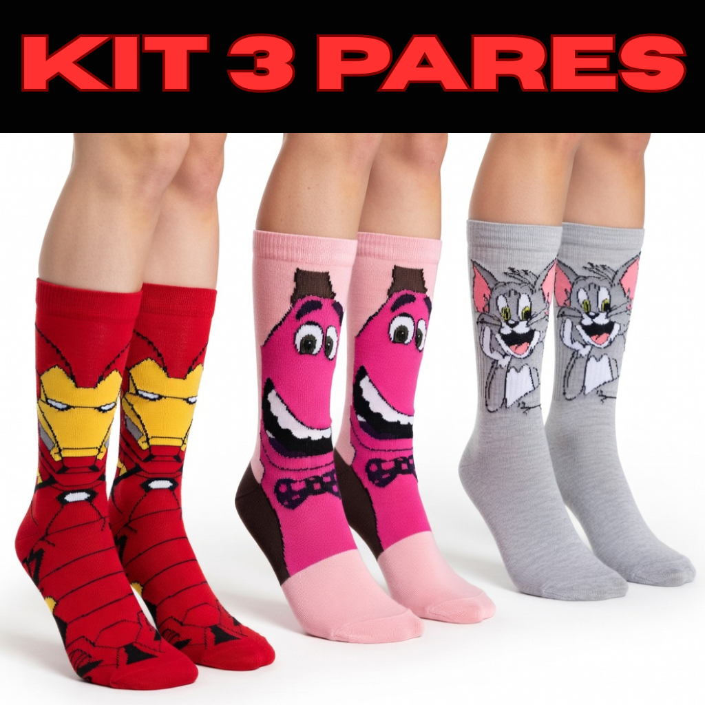 kit 3 Par Meia Cano Alto Algodão Divertida Estampa Personagem Academia Corrida Meia Maluca Unissex