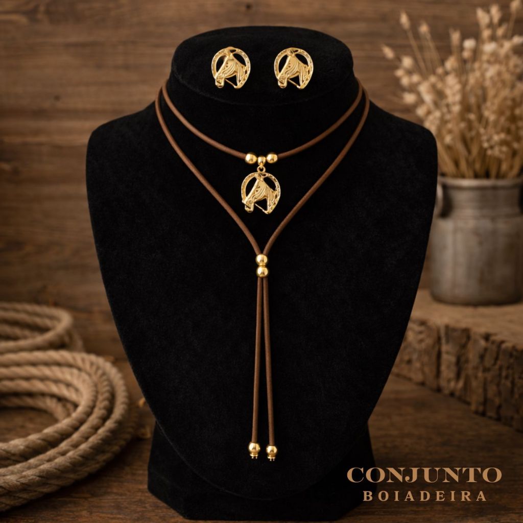 Kit Colar e Brinco Country  | Colar Choker Camurça Rodeio Sertanejo Boho Feminino