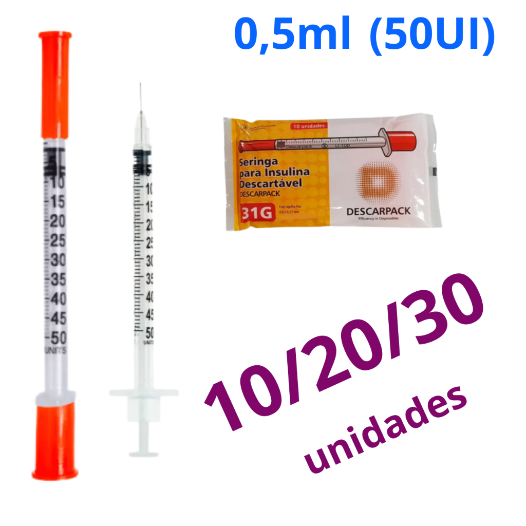 Seringa Insulina 0,5ml (50UI) Com Agulha 6X0,25-Kit 10/20/30 Unid. (31G) Descarpack