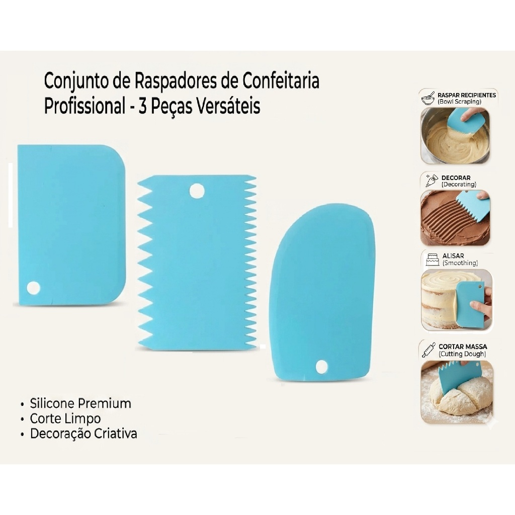 Kit 3 Espátulas Bolo Massas Confeiteiro Wave Cake Raspador Serrilha Decorativo Textura Profissional