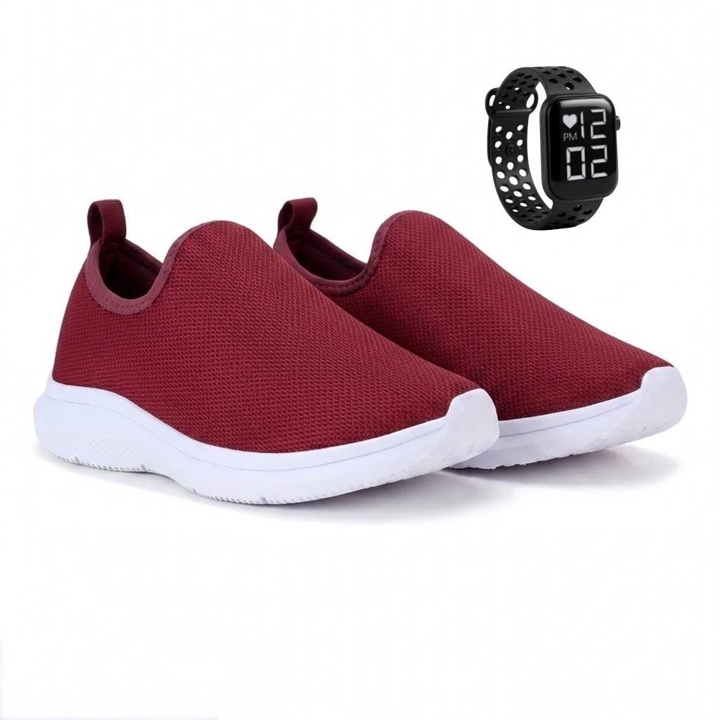 Tenis Feminino Academia Slip On Meia S/ Cadarço Macio Calce Fácil Corrida + Relogio Watch