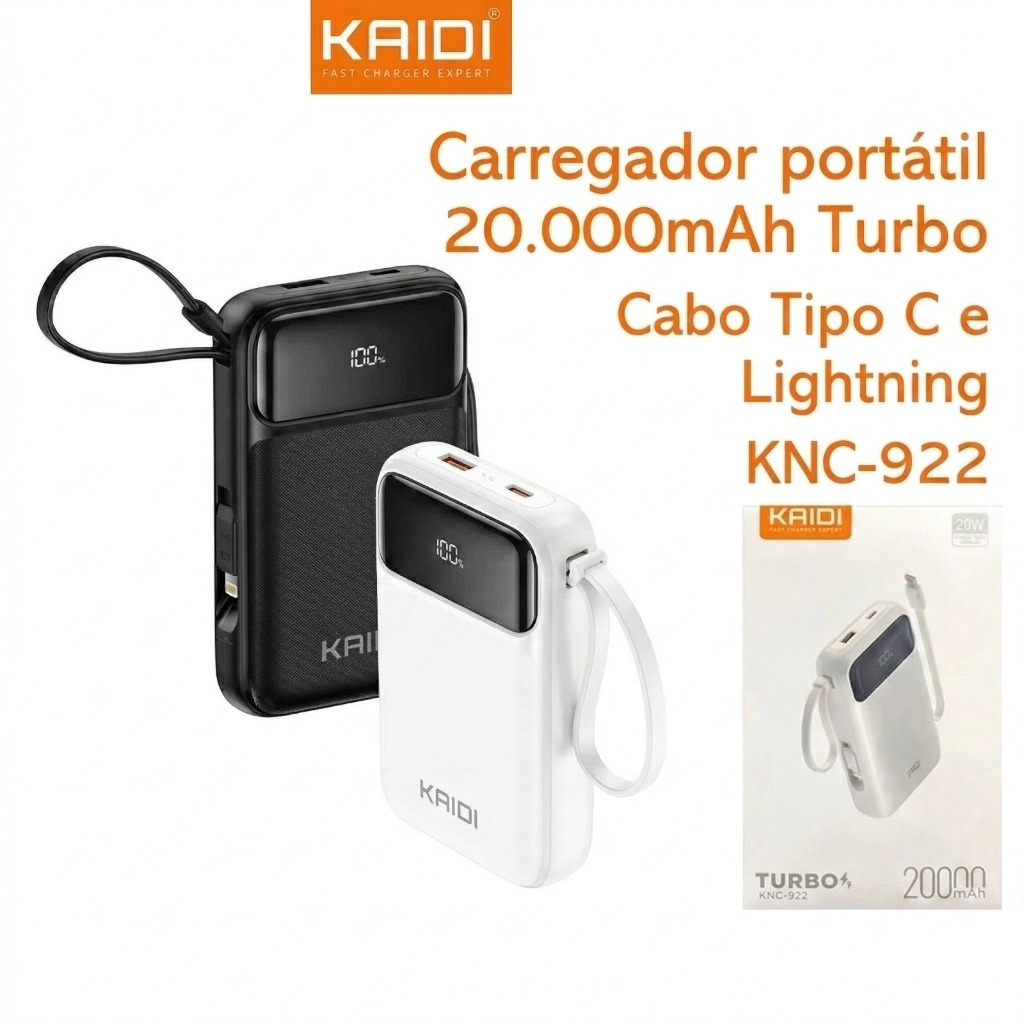 Carregador Power Bank Bateria Portátil 20000mah KNC-922 Turbo Kaidi Cabos Imbutidos
