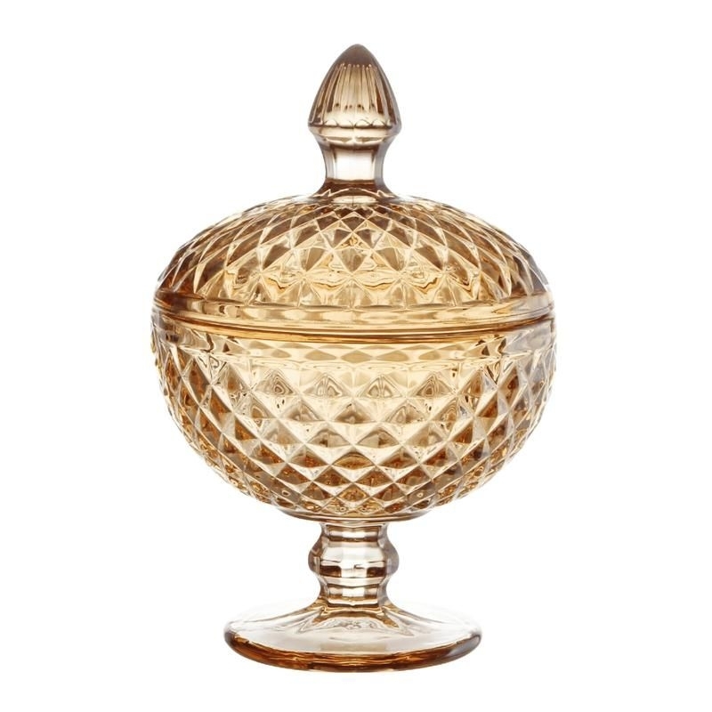 Potiche de Vidro C/ Pé Bico de Abacaxi Âmbar Baleiro Bomboniere 12x18x5cm Resistente - Lanty