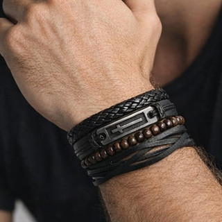 Kit 4 Pulseiras Masculinas De Couro 4 Peças Preto Cruz Bolinha Bonito Menino Simples