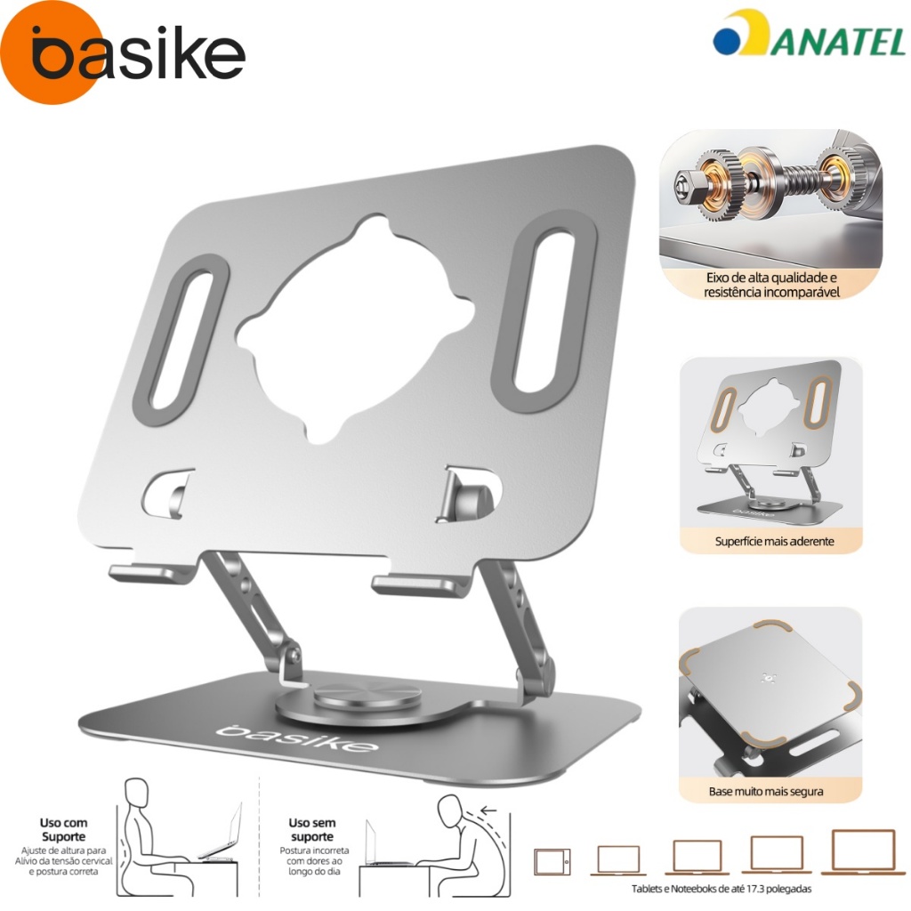 BASIKE Suporte para Notebook Dobrável Ajustável 360° Base Metálica Resistente Antideslizante