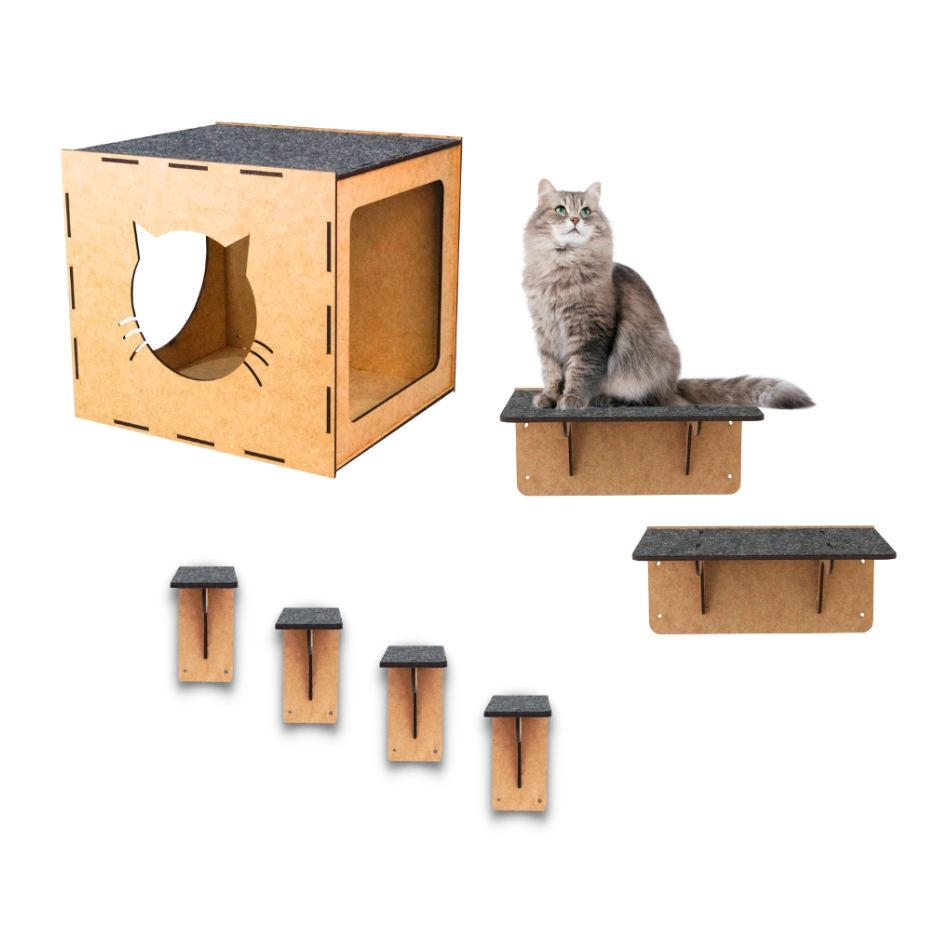 Brinquedo Para Gatos 7 Peças Playground de Gato Degraus Prateleiras Nicho Carpete antiderrapante MDF