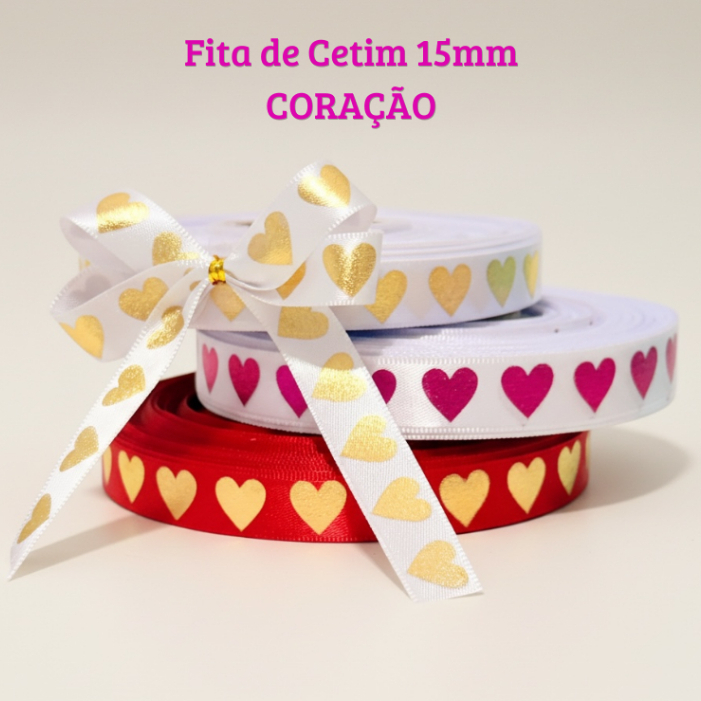 Fita de Cetim 15mm Coração Hot Stamping  Para Laços e Embagens
